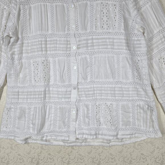 Dylan Patchwork Top sz XL White Cotton Button Front Embroidered Boho Fairycore - Picture 3 of 16